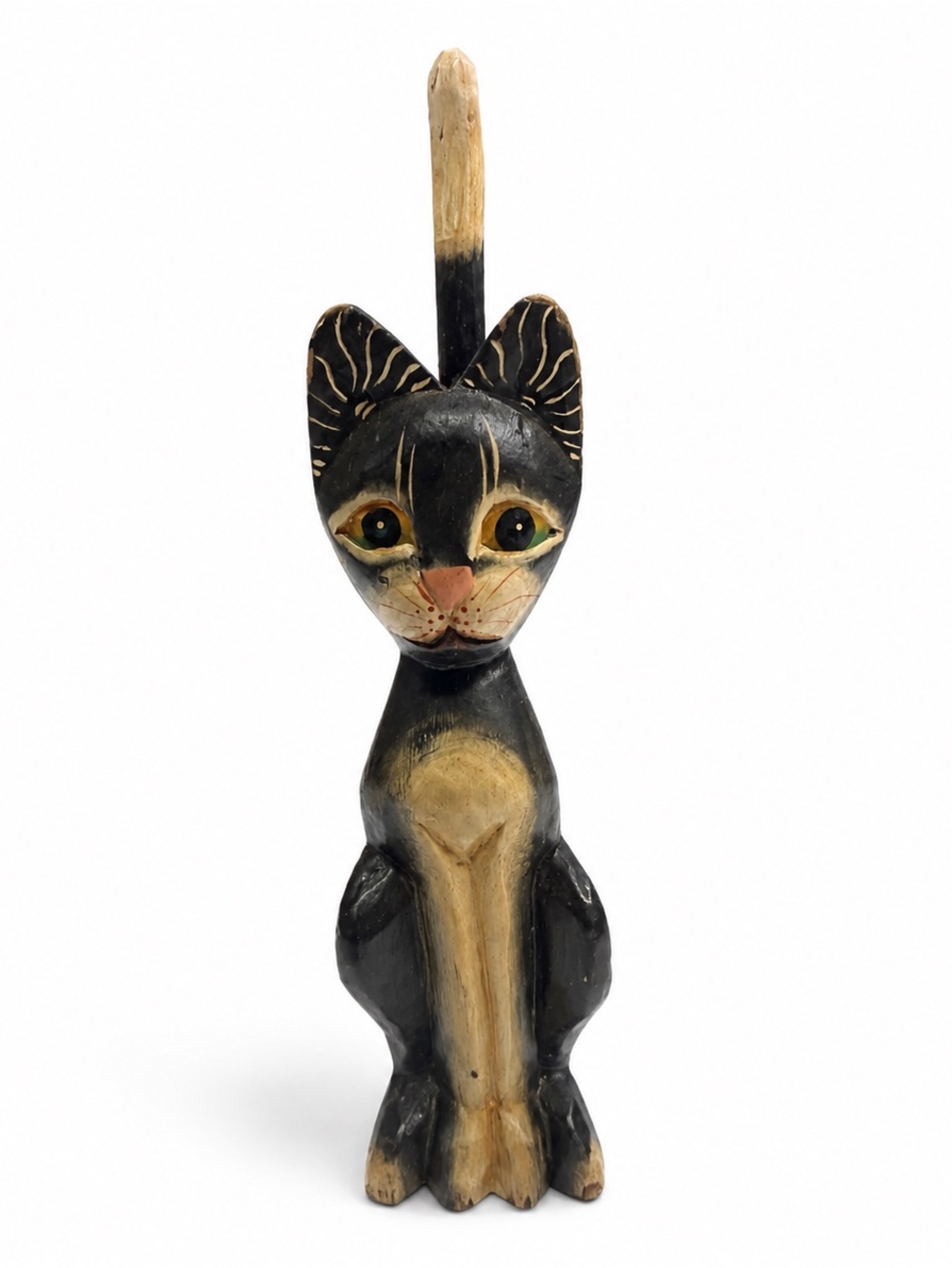Carved Wooden Black Cat Figurine Painted Folk Art Kitty Décor